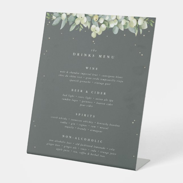 Green Snowberry+Eucalyptus Wedding Drinks/Bar Menu Pedestal Sign (Front)