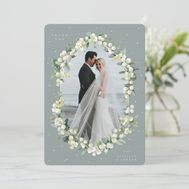 Green Snowberry+Eucalyptus Wedding Flat Photo Thank You Card (Standing Front)
