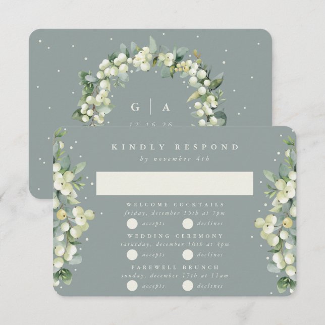 Green Snowberry+Eucalyptus Wedding Multi-Event RSVP Card (Front/Back)