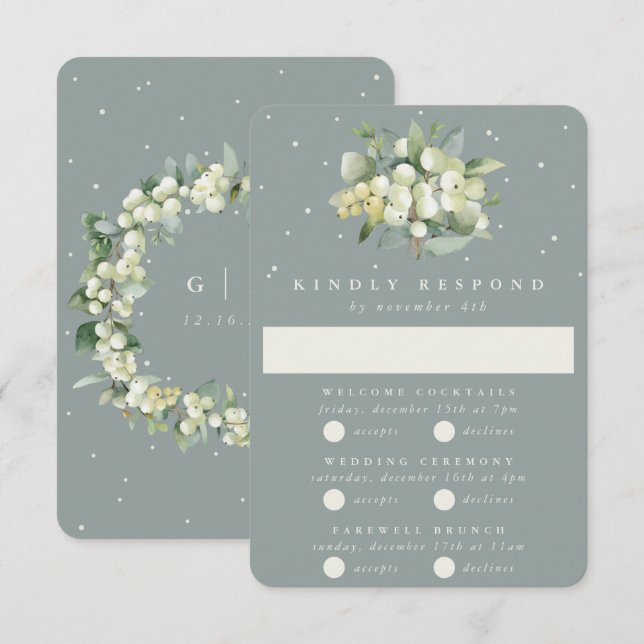 Green Snowberry+Eucalyptus Wedding Multi-Event RSVP Card (Front/Back)