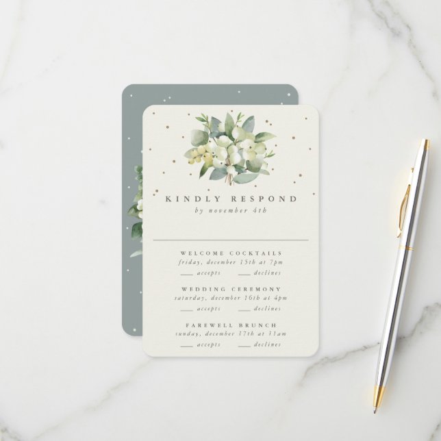 Green Snowberry+Eucalyptus Wedding Multi-Event RSVP Card (Front/Back In Situ)