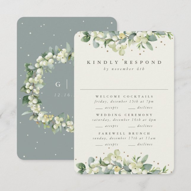 Green Snowberry+Eucalyptus Wedding Multi-Event RSVP Card (Front/Back)