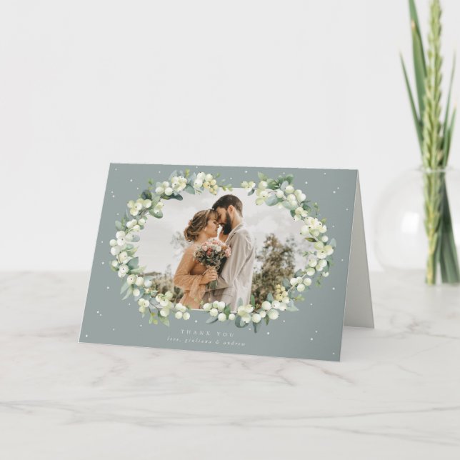 Green Snowberry+Eucalyptus Wedding Photo Thank You Card (Front)