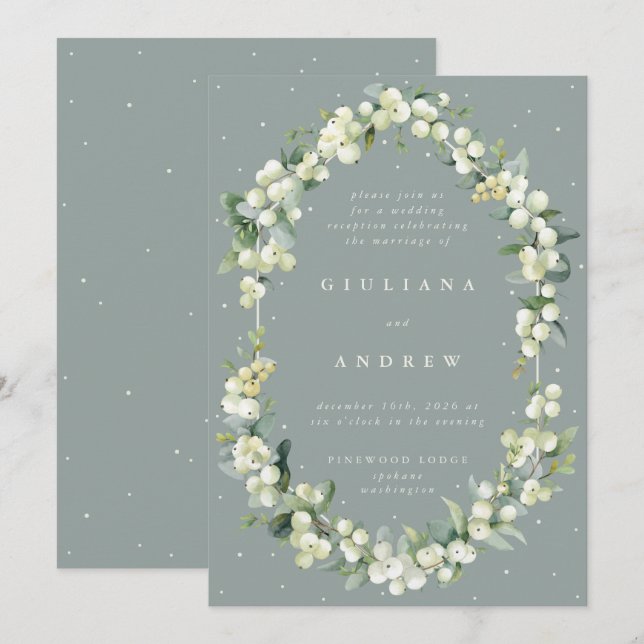 Green Snowberry+Eucalyptus Wedding Reception Only Invitation (Front/Back)
