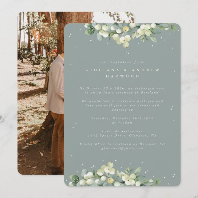 Green Snowberry+Eucalyptus Wedding Reception Photo Invitation (Front/Back)