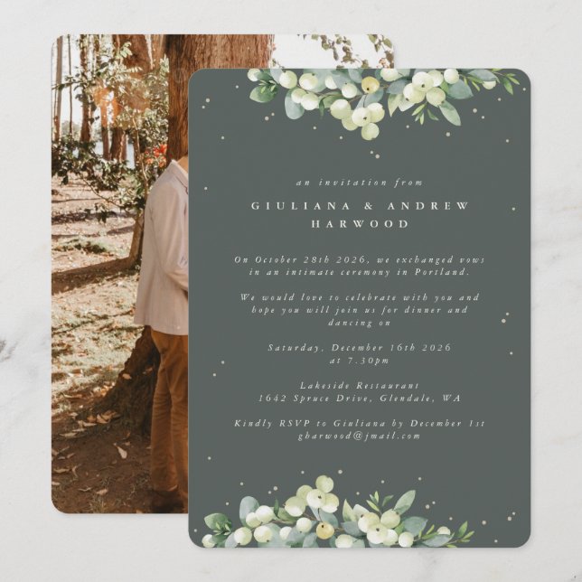 Green Snowberry+Eucalyptus Wedding Reception Photo Invitation (Front/Back)