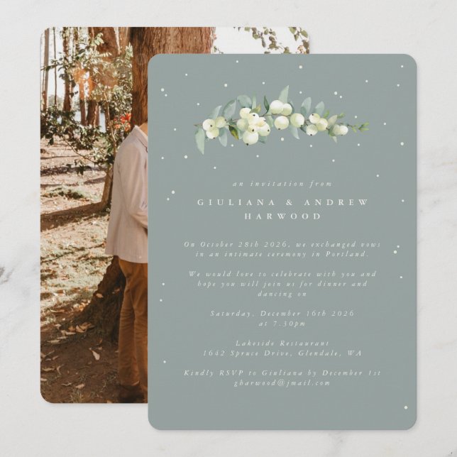 Green Snowberry+Eucalyptus Wedding Reception Photo Invitation (Front/Back)