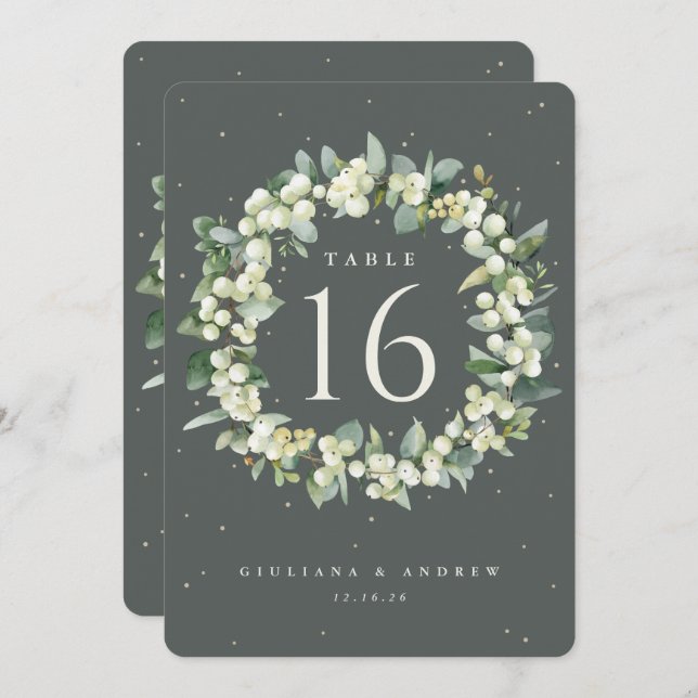Green Snowberry+Eucalyptus Wedding Table Number (Front/Back)
