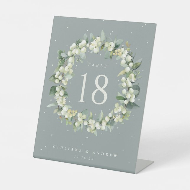Green Snowberry+Eucalyptus Wedding Table Number Pedestal Sign (Front)