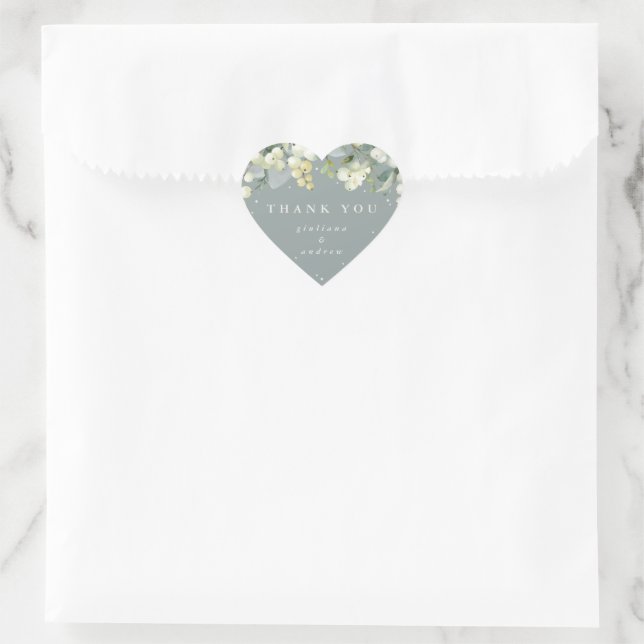 Green Snowberry+Eucalyptus Wedding Thank You Heart Sticker (Bag)