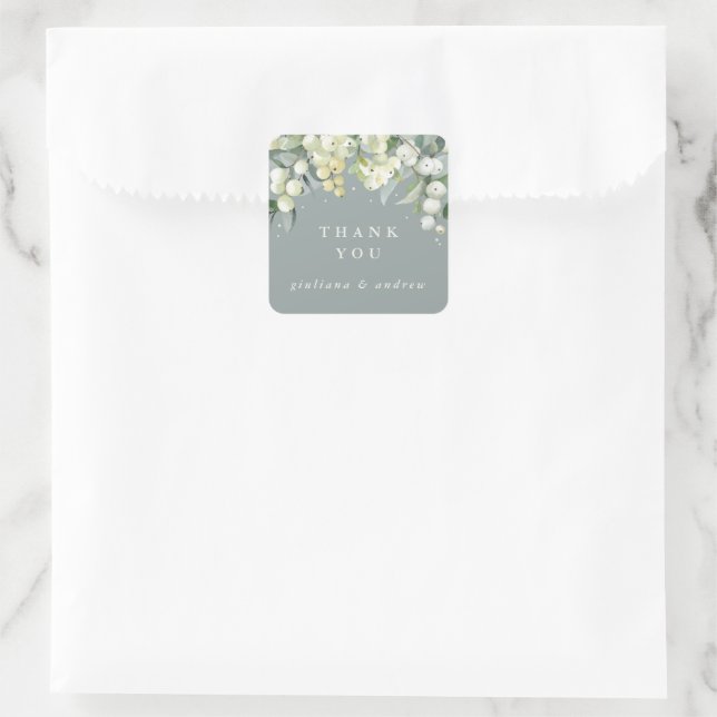 Green Snowberry+Eucalyptus Wedding Thank You Square Sticker (Bag)