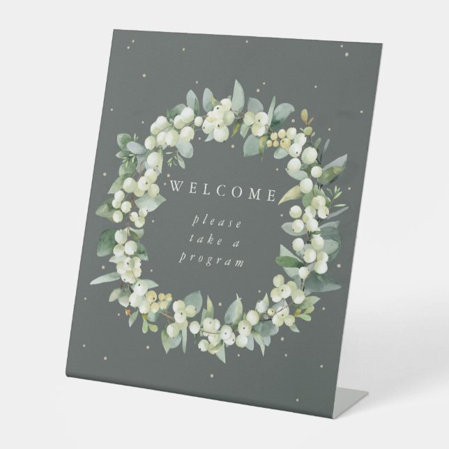 Green Snowberry+Eucalyptus Welcome Program Table Pedestal Sign (Front)