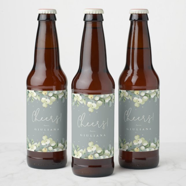 Green Snowberry+Eucalyptus Winter Bachelorette Beer Bottle Label (Bottles)