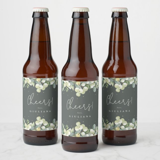 Green Snowberry+Eucalyptus Winter Bachelorette Beer Bottle Label (Bottles)