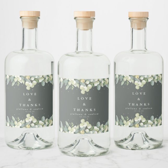Green Snowberry+Eucalyptus Winter Wedding Liquor Bottle Label (Bottles)