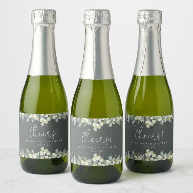 Green Snowberry+Eucalyptus Winter Wedding Mini Sparkling Wine Label (Bottles)
