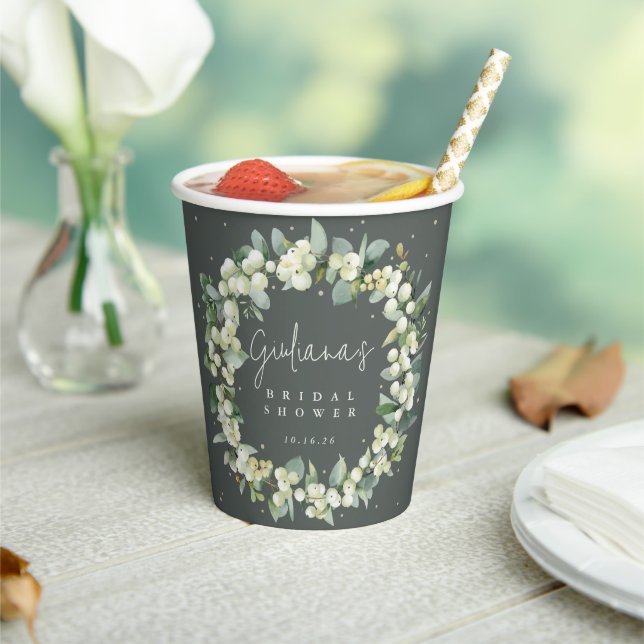 Green Snowberry+Eucalyptus Wreath Bridal Shower Paper Cups (Insitu)