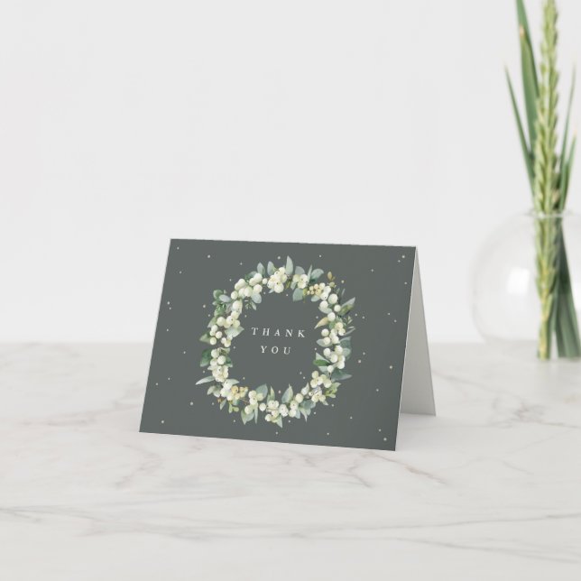 Green Snowberry+Eucalyptus Wreath Wedding Note Thank You Card (Front)
