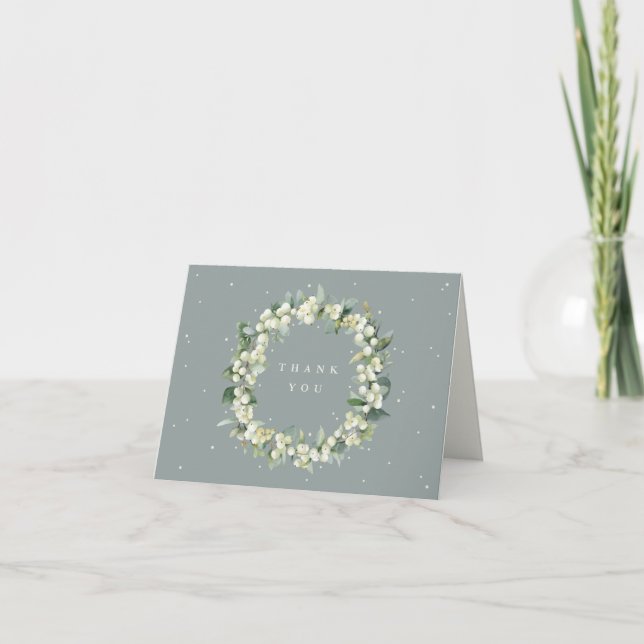 Green Snowberry+Eucalyptus Wreath Wedding Note Thank You Card (Front)