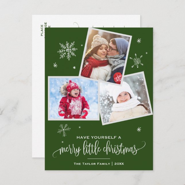 Green Snowflake | 3 Photo Christmas Holiday Postcard (Front/Back)