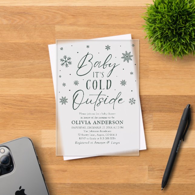 Green Snowflake Baby It's Cold Outside Baby Shower Acrylic Invitations (Insitu (Invitation Card))