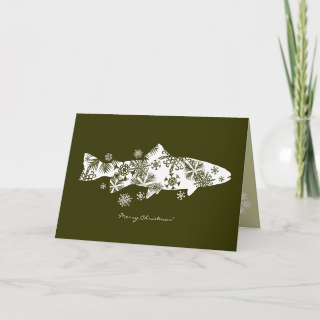 Green Snowflake Fish Holiday Greeting Card (Front)