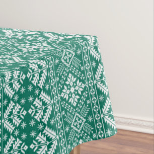 Green Snowflake & Floral Fair Isle Christmas Tablecloth