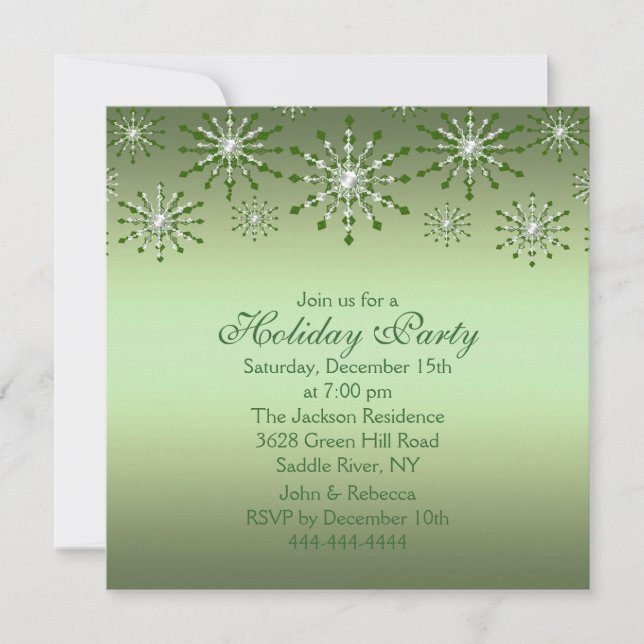 Green Snowflake Holiday Party Invitation (Front)