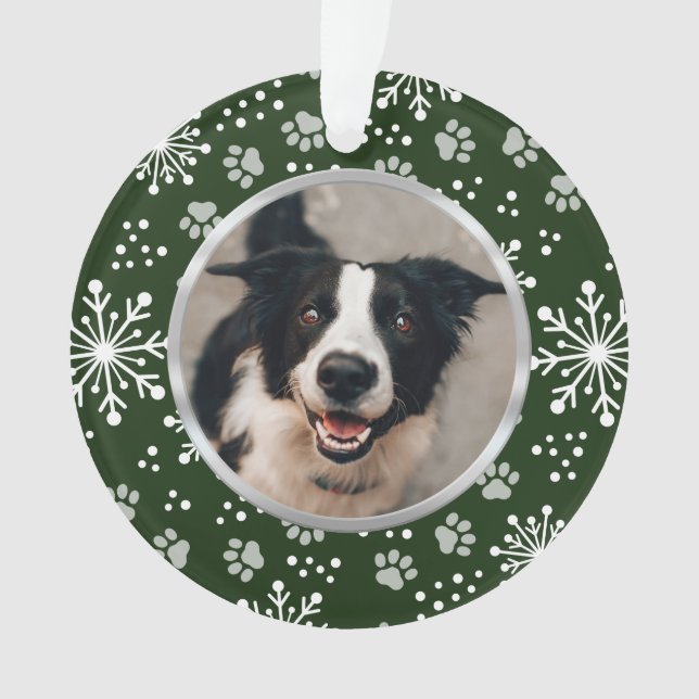 Green Snowflake Paw Pattern Pet Photo Ornament (Front)