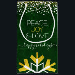 Green Snowflake Peace Joy Love Modern Typography Small Gift Bag<br><div class="desc">“Peace, joy & love.” A giant, fun, playful, gold foil and white snowflake illustration and modern typography on a rich, deep dark green marble watercolor background help you usher in the holiday season. A white and gold confetti dot border frames the top. Feel the warmth and joy of the holidays...</div>