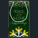 Green Snowflake Peace Joy Love Modern Typography Small Gift Bag<br><div class="desc">“Peace, joy & love.” A giant, fun, playful, gold foil and white snowflake illustration and modern typography on a rich, deep dark green marble watercolor background help you usher in the holiday season. A white and gold confetti dot border frames the top. Feel the warmth and joy of the holidays...</div>