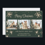 Green Snowflake Snow Photo Collage Holiday Card<br><div class="desc">Cute green photo collage Merry Christmas and Happy New Year card featuring snowflakes and stars on the front and falling snow at the back. Easily personalise this elegant holiday card with your photos and text.</div>