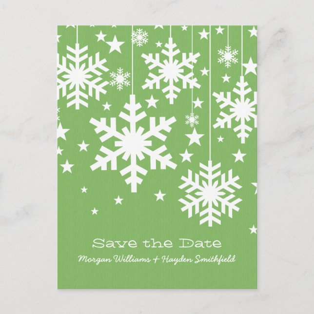 Green Snowflakes and Stars Save the Date Postcard (Front)