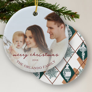Green Snowflakes Christmas Family Name Photo Ceramic Tree Decoration