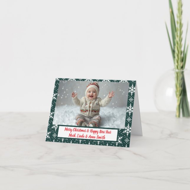Green Snowflakes Christmas Folded Photo Card (Front)