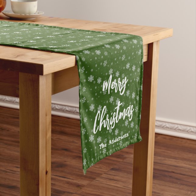 Green Snowflakes Festive Modern Merry Christmas Long Table Runner (In Situ)