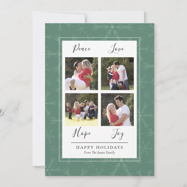 Green Snowflakes Four Photo Christmas Card (Front)