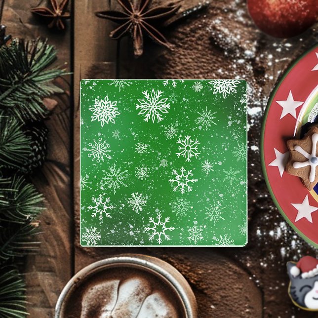 Green Snowflakes Pattern Festive Winter Holiday Glass Coaster (Creator Uploaded)
