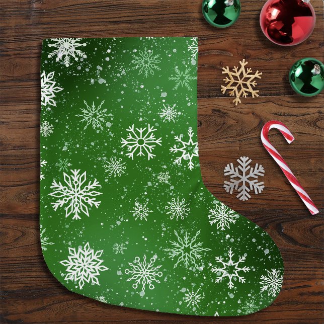 Green Snowflakes Pattern Festive Winter Holiday Large Christmas Stocking (Creator Uploaded)