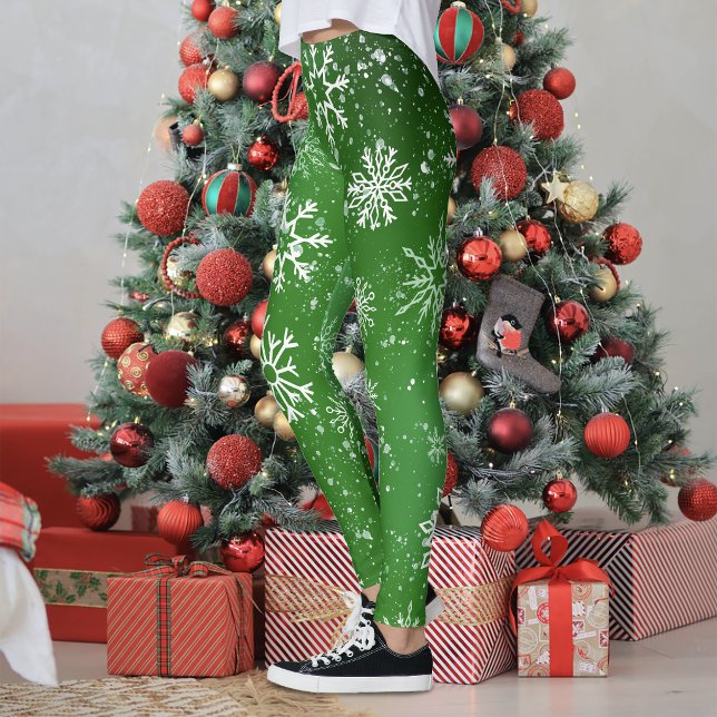 Green Snowflakes Pattern Festive Winter Holiday Leggings (Creator Uploaded)