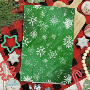 Green Snowflakes Pattern Festive Winter Holiday Tea Towel