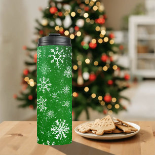 Green Snowflakes Pattern Festive Winter Holiday Thermal Tumbler