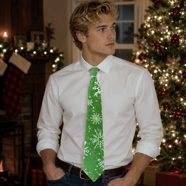 Green Snowflakes Pattern Festive Winter Holiday Tie (Creator Uploaded)