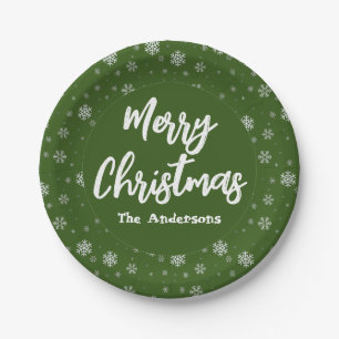 Green Snowflakes Simple Elegant Merry Christmas Paper Plate