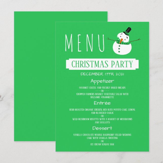 Green Snowman, Christmas Party Menu Invitation (Front/Back)