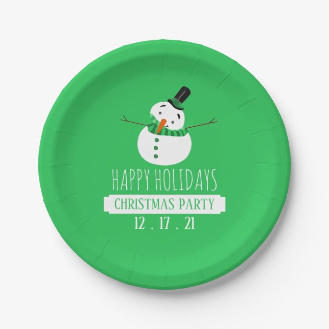 Green Snowman, Christmas Party Paper Plate (Front)
