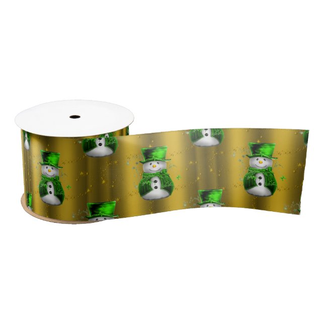 Green Snowman on Gold Christmas Satin Ribbon (Spool)