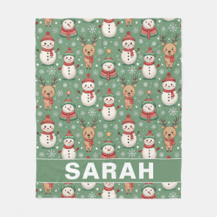 Green Snowman & Reindeer Personalised Throw Fleece Blanket