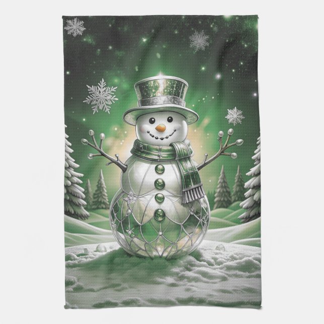 Green Snowman Snowflakes Holiday Kitchen Towel (Vertical)