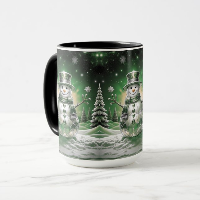 Green Snowman Snowflakes Holiday Mug (Front Left)